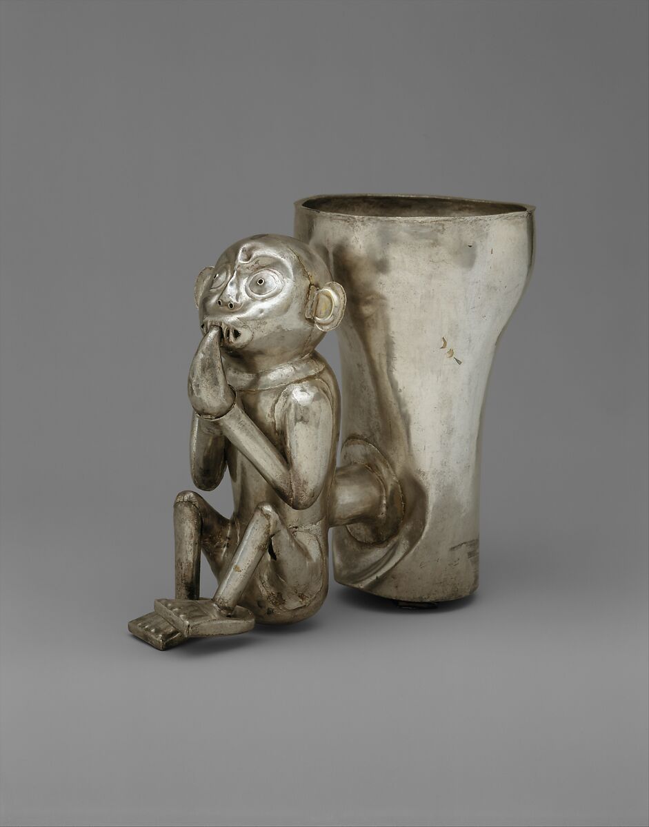 Double-chambered vessel with a monkey, Chimú artist(s), Silver, Chimú 