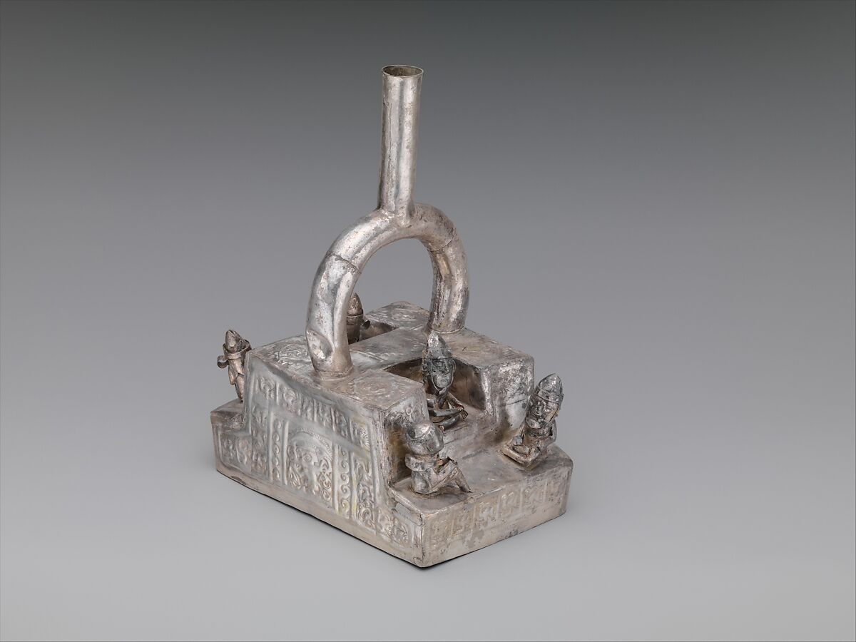 Stirrup-spout bottle with palace scene, Chimú artist(s), Silver, Chimú