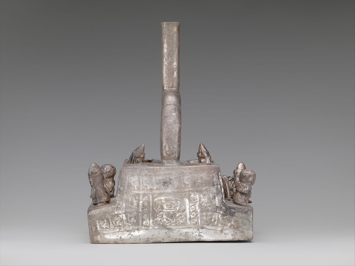 Stirrup-spout bottle with palace scene, Chimú artist(s), Silver, Chimú