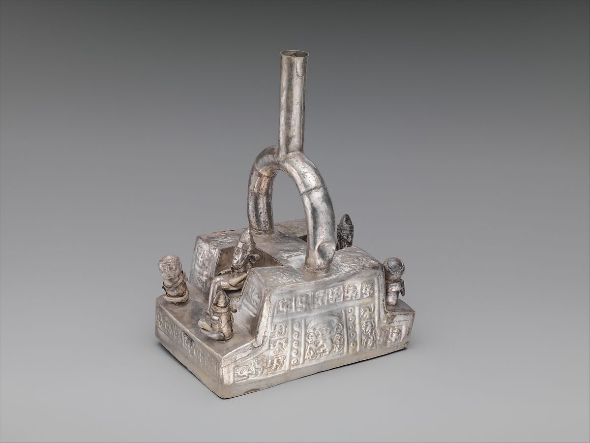 Stirrup-spout bottle with palace scene, Chimú artist(s), Silver, Chimú