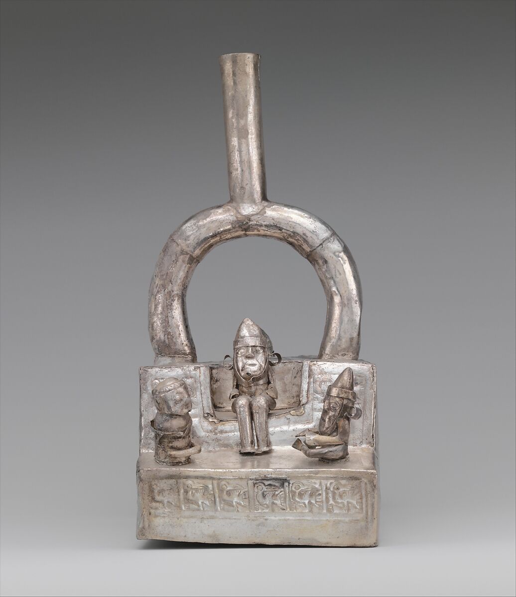 Stirrup-spout bottle with palace scene, Chimú artist(s), Silver, Chimú