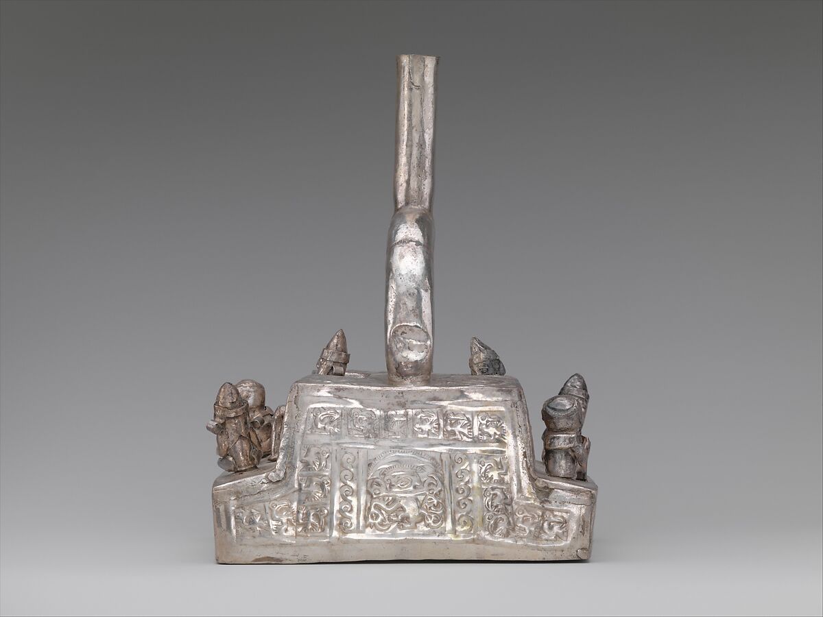 Stirrup-spout bottle with palace scene, Chimú artist(s), Silver, Chimú