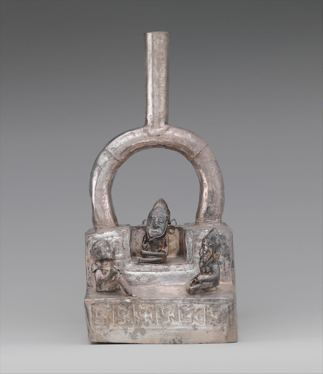 Stirrup-spout bottle with palace scene, Chimú artist(s), Silver, Chimú