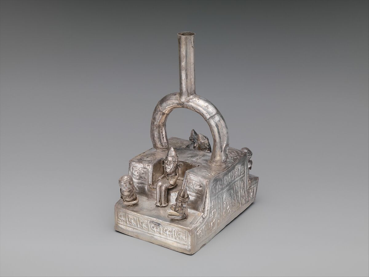 Stirrup-spout bottle with palace scene, Chimú artist(s), Silver, Chimú