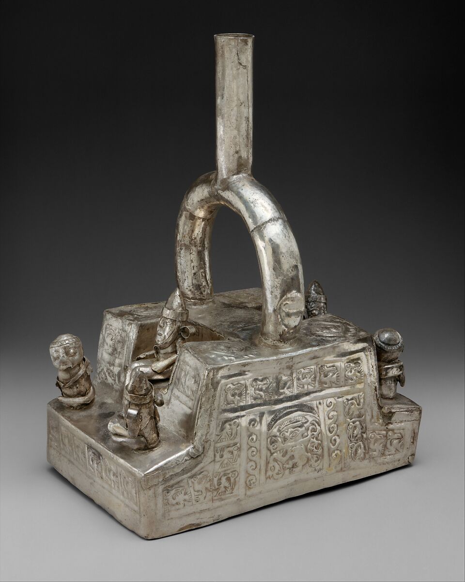 Stirrup-spout bottle with palace scene, Chimú artist(s), Silver, Chimú