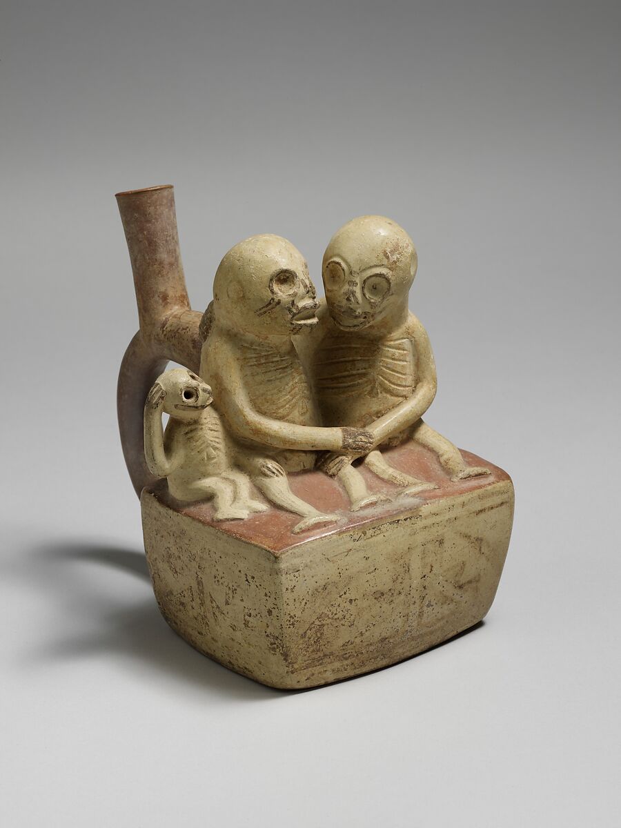 Bottle, Skeletal Couple with Child, Ceramic, slip, pigment, Moche 