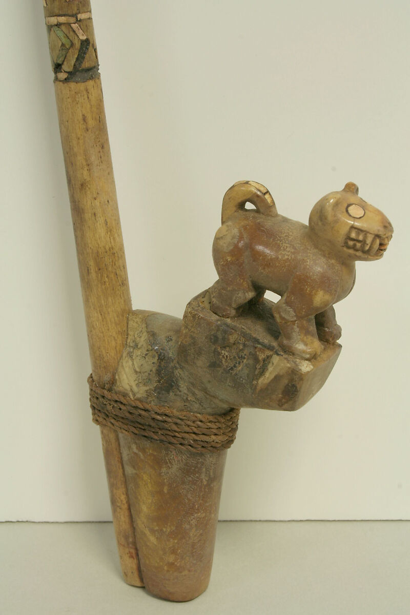 Spear Thrower with Feline, Bone, stone, shell, sennit, turquoise (?), Moche 