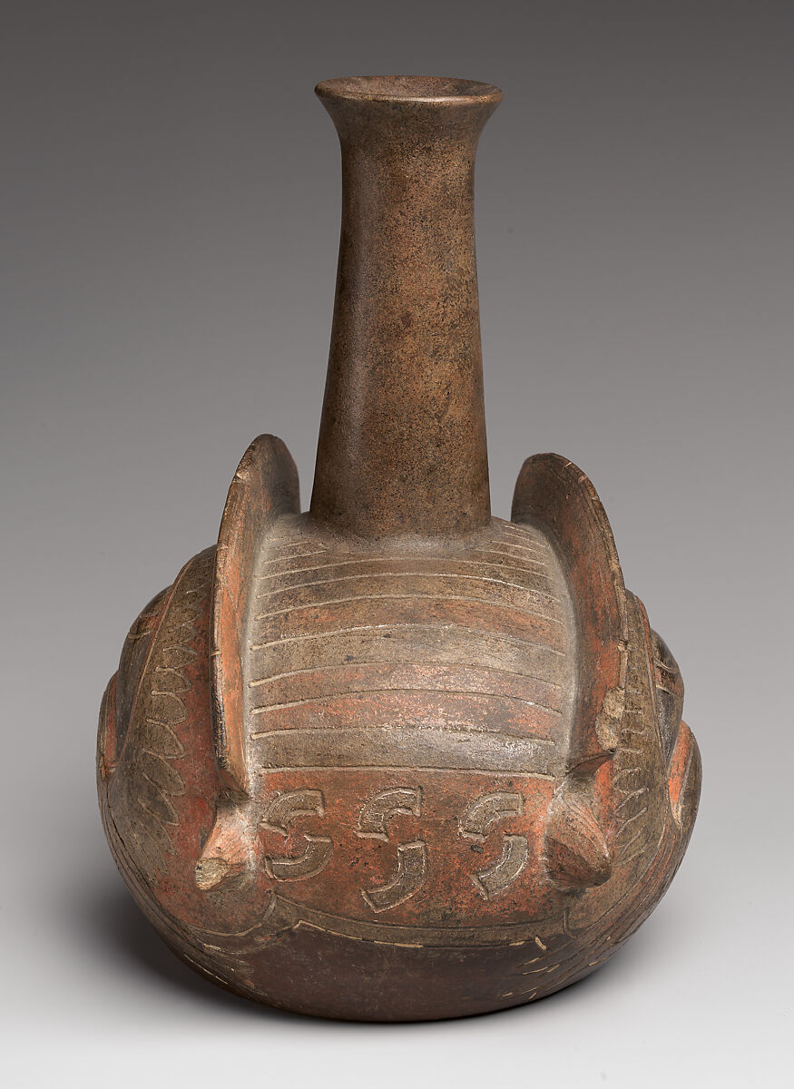 Bottle with leaf-nosed bat head, Cupisnique artist(s), Ceramic, post-fire paint (cinnabar), Cupisnique