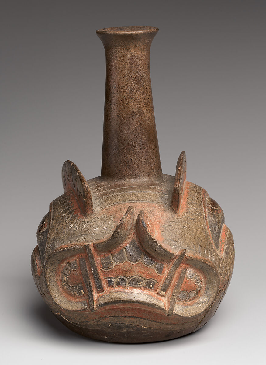 Bottle with leaf-nosed bat head, Cupisnique artist(s), Ceramic, post-fire paint (cinnabar), Cupisnique