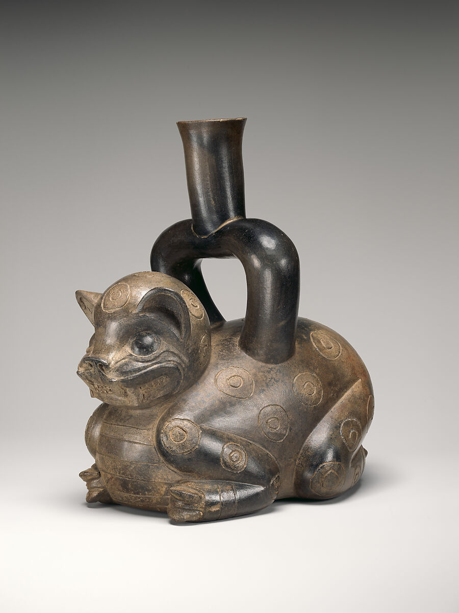 Feline-shaped stirrup-spout bottle, Cupisnique artist(s), Ceramic, Cupisnique