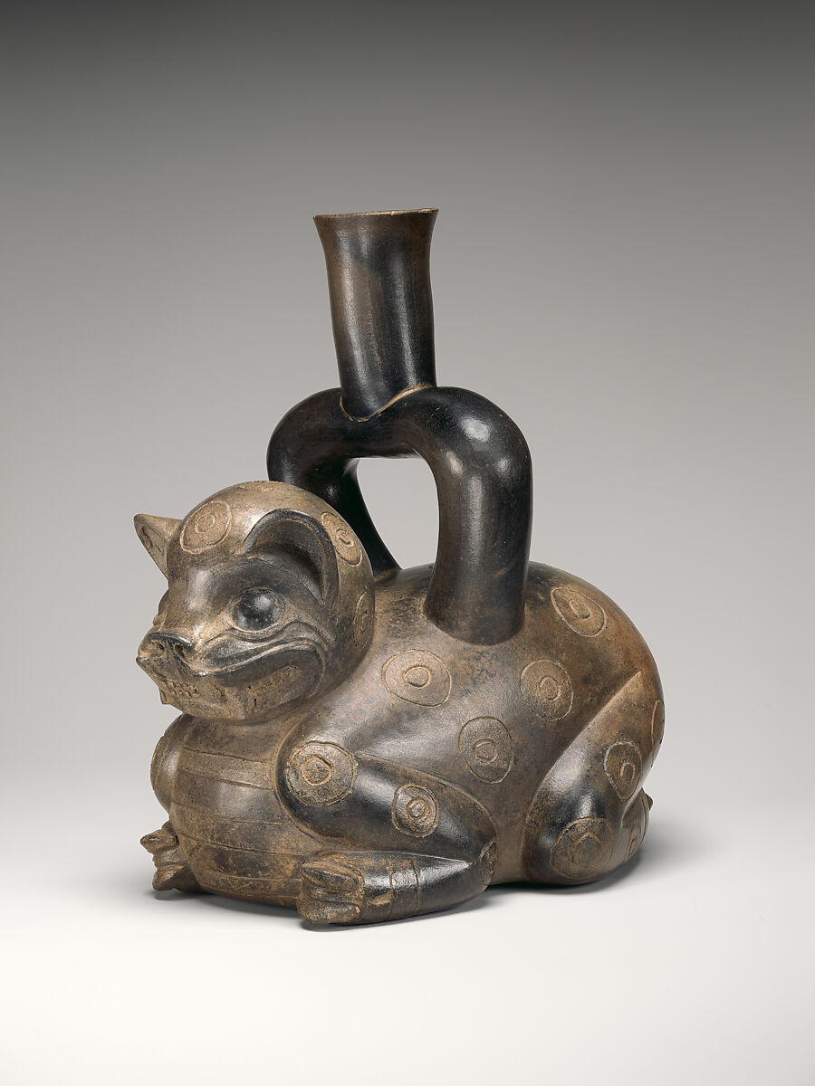 Feline-shaped stirrup-spout bottle, Cupisnique artist(s), Ceramic, Cupisnique 