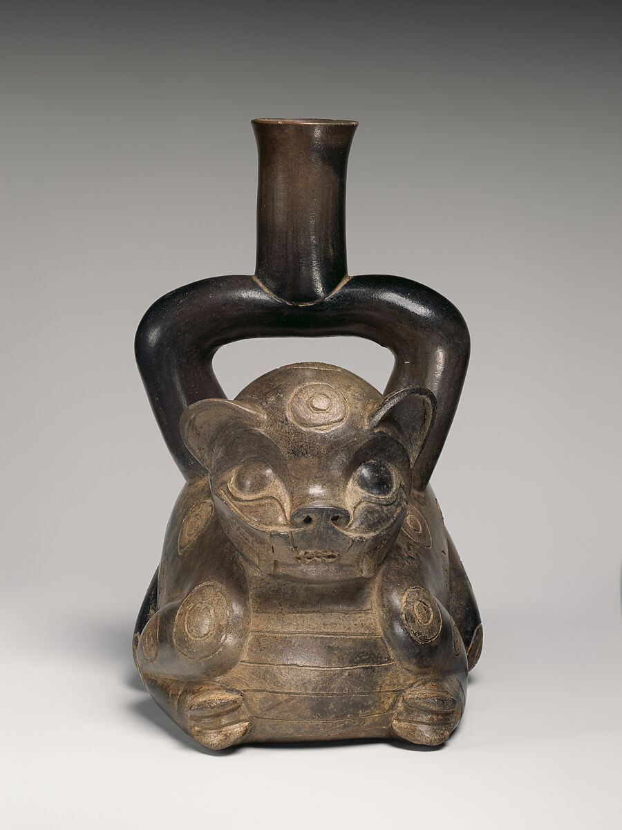 Feline-shaped stirrup-spout bottle, Cupisnique artist(s), Ceramic, Cupisnique