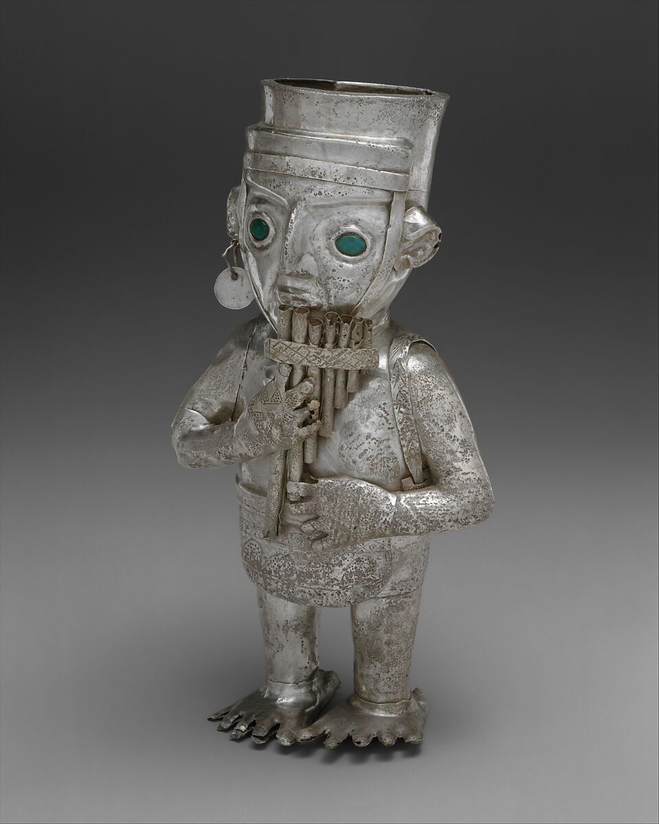 Panpiper-shaped vessel, Chimú artist(s), Silver, malachite, resin, Chimú 