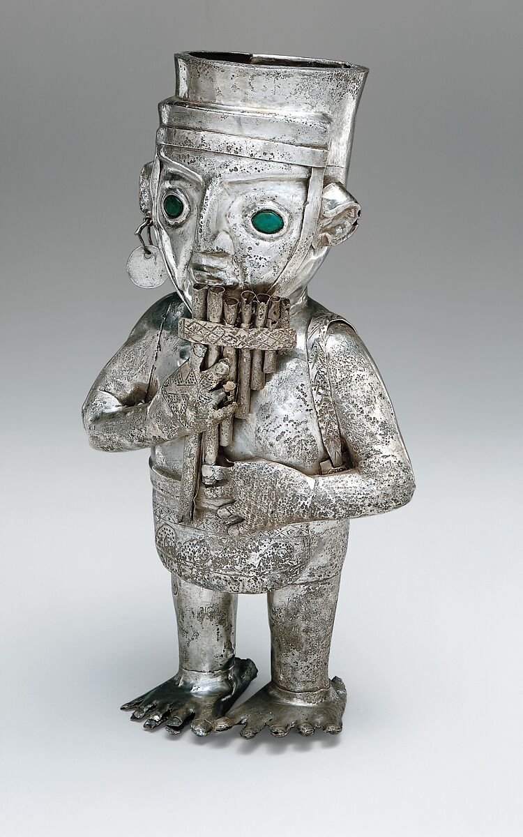 Panpiper-shaped vessel, Chimú artist(s), Silver, malachite, resin, Chimú