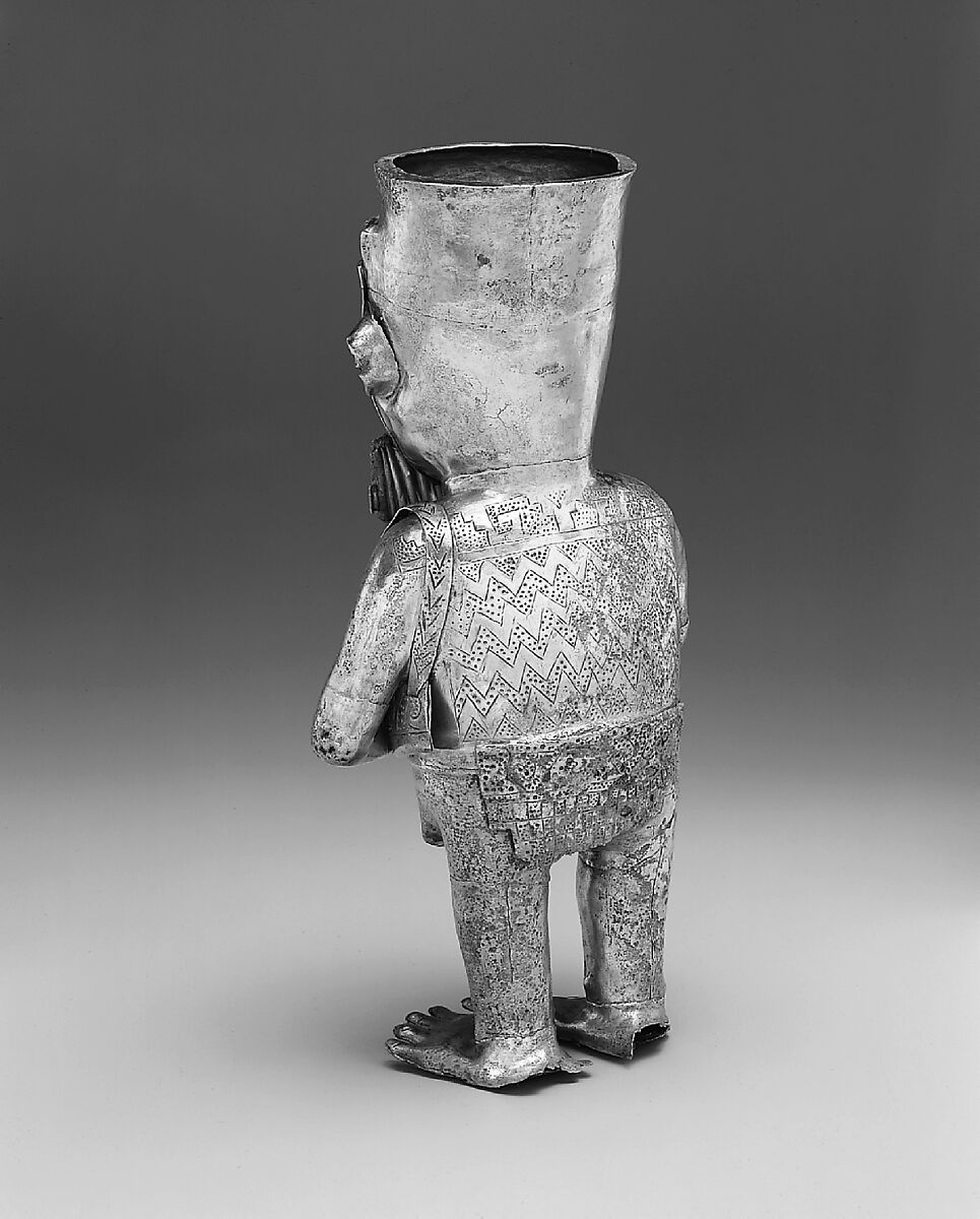 Panpiper-shaped vessel, Chimú artist(s), Silver, malachite, resin, Chimú