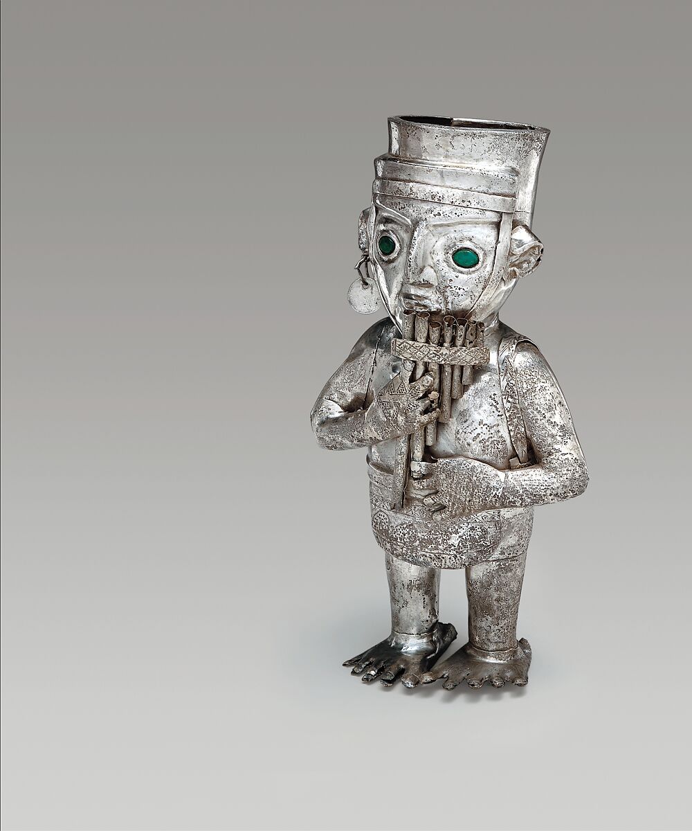 Panpiper-shaped vessel, Chimú artist(s), Silver, malachite, resin, Chimú