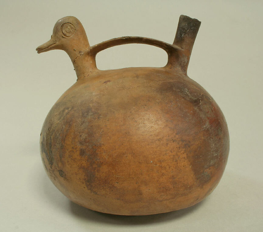 Bridge and Spout Vessel with Duck Head, Ceramic, slip, Nasca 