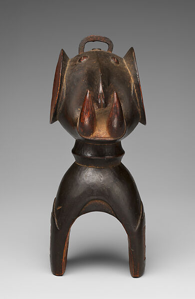 Heddle pulley with elephant head, Baule artist, Wood, pigment, metal, Baule peoples