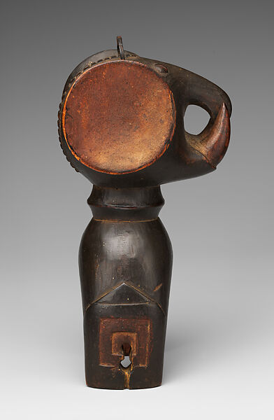 Heddle pulley with elephant head, Baule artist, Wood, pigment, metal, Baule peoples