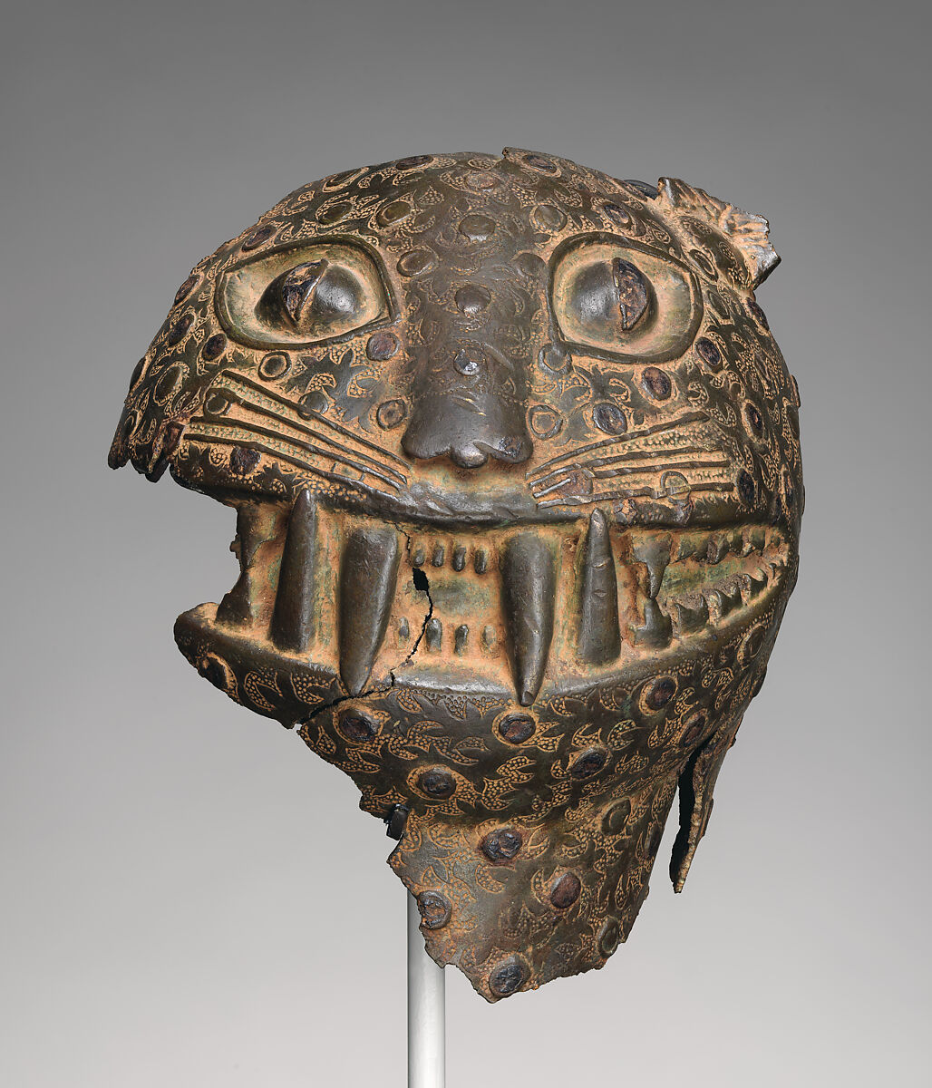 Figure Fragment: Leopard Head, Brass, pigment (?), Edo peoples 