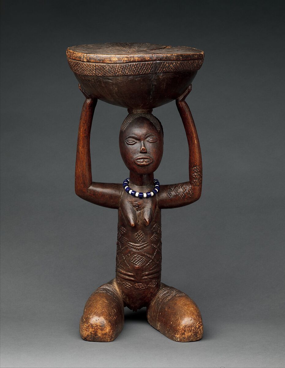 Royal Seat (Lupona): Female Caryatid, Luba artist, Wood, glass beads, cotton fiber(?), Luba 