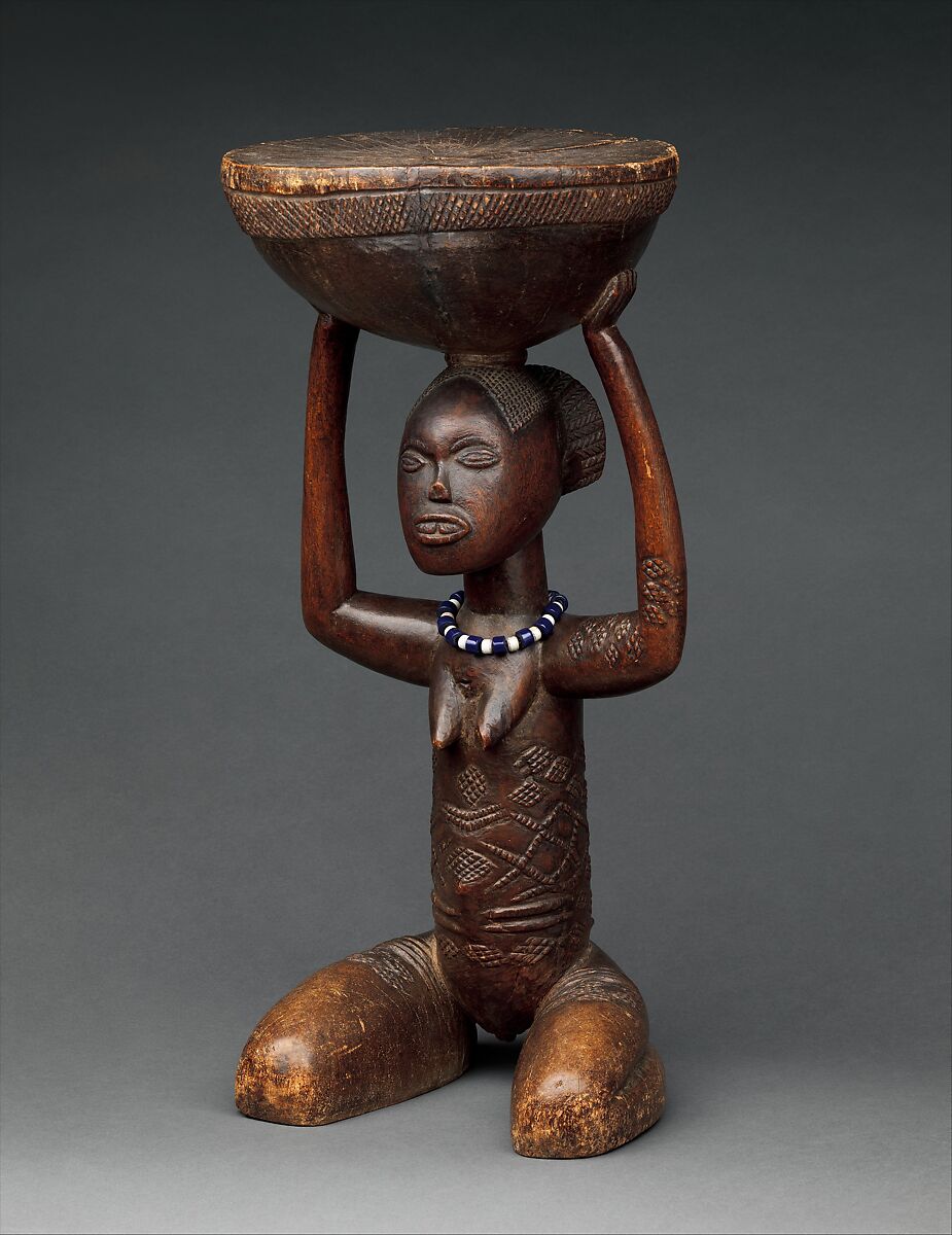 Lupona (royal seat), Luba artist, Wood, glass beads, cotton fiber(?), Luba