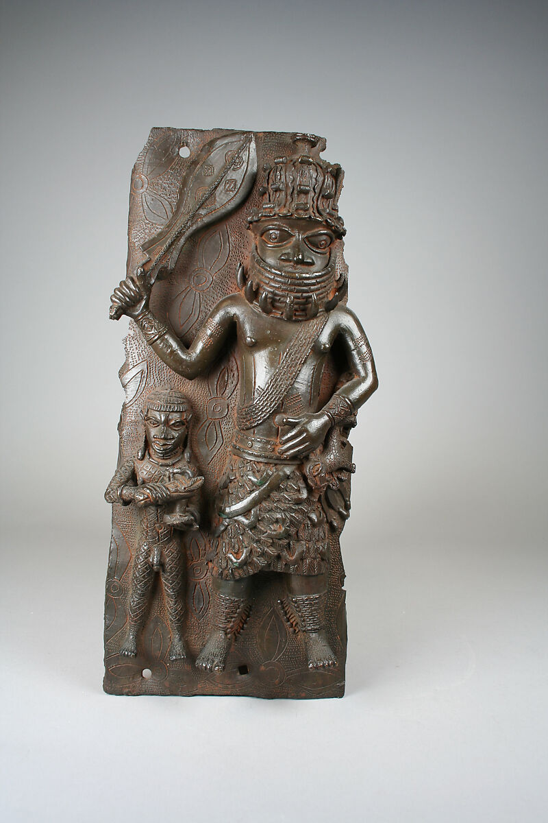 Plaque: Iyase with Sword and Attendant, Brass, Edo peoples 