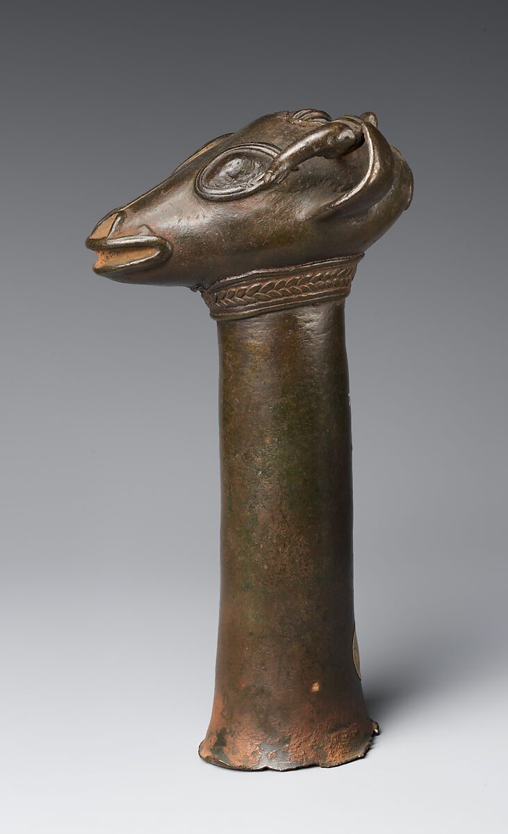 Staff finial with ram's head, Lower Niger Valley caster, Copper alloy, Lower Niger Bronze Industry