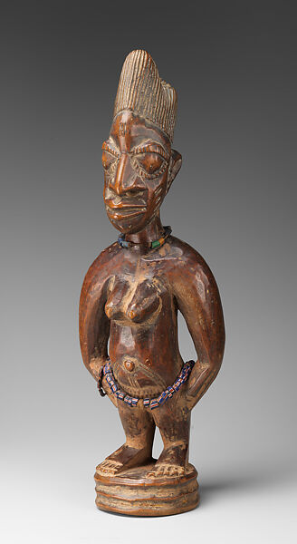 Twin Figure: Female (Ibeji), Workshop of Ibuke Compound, Wood, camwood powder, beads, Oyo-Yoruba peoples