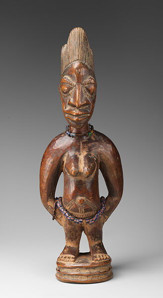 Twin Figure: Female (Ibeji), Workshop of Ibuke Compound, Wood, camwood powder, beads, Yoruba peoples, Oyo group 