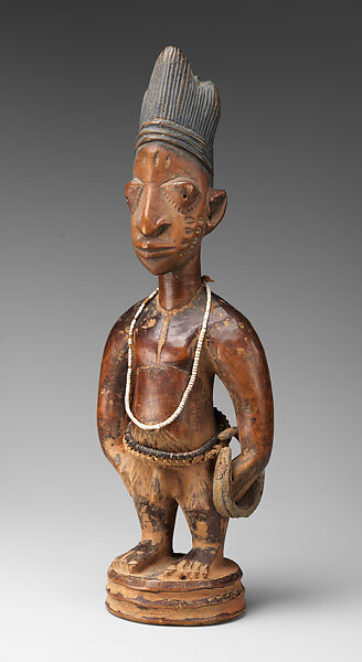 Twin Figure: Male (Ibeji), Workshop of Ibuke Compound, Wood, camwood powder, indigo, beads, iron, vertebrae, Oyo-Yoruba peoples