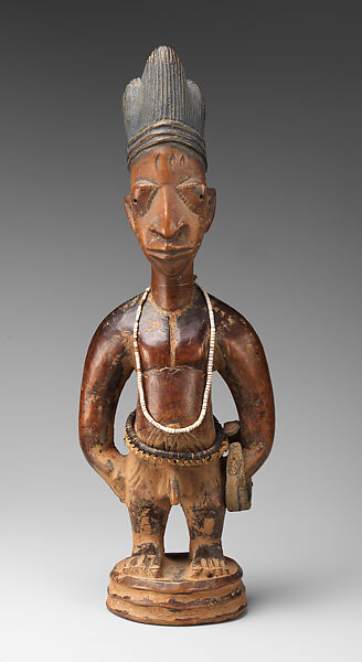 Twin Figure: Male (Ibeji), Workshop of Ibuke Compound, Wood, camwood powder, indigo, beads, iron, vertebrae, Yoruba peoples, Oyo group 