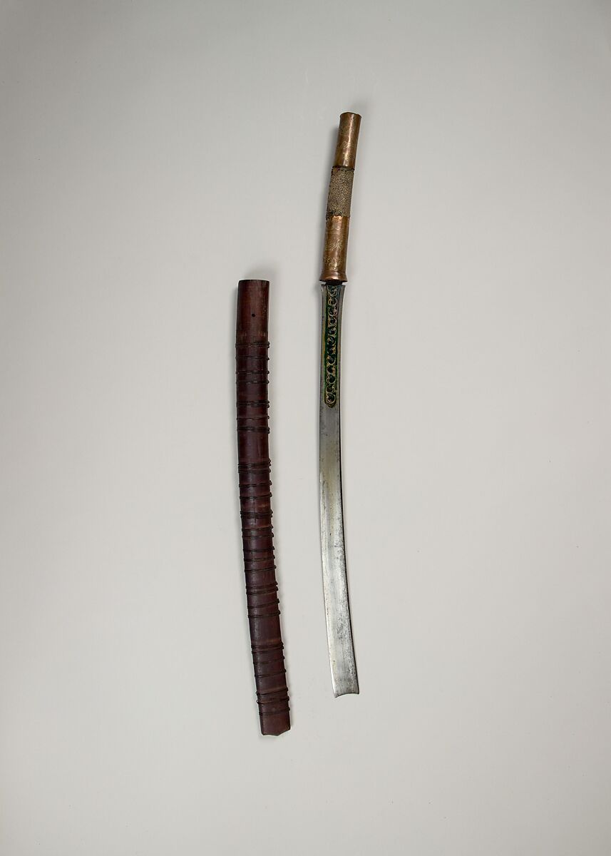 Sword (Dha) with Scabbard, Silver, copper, shark skin, brass, wood, Burmese 