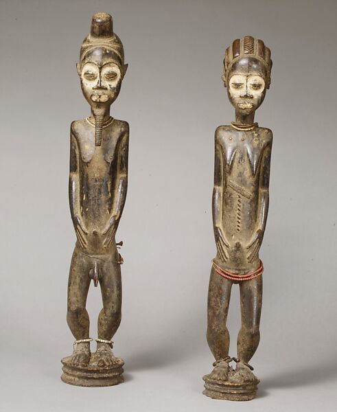 Female figure for a komien (trance diviner), Attributed to a "Master from Essankro" (active ca. 1820–ca. 1900, Côte d’Ivoire), Wood, pigment, beads, iron, applied organic materials, Baule peoples