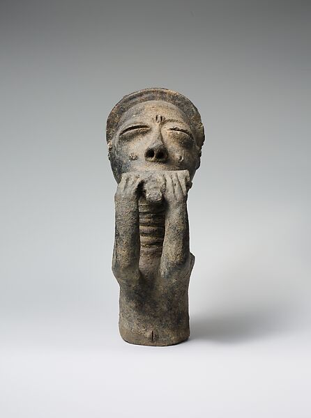Hornblower attendant figure, Anyi-Akan artist, Terracotta, applied coating, Akan peoples, Anyi group