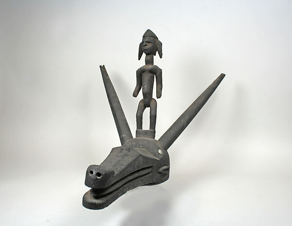 Headdress: Antelope Head with Figure, Bamana numu (blacksmith), Wood, aluminum, Bamana peoples