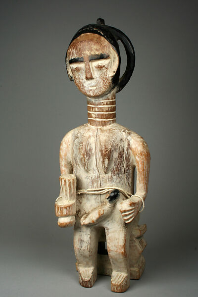 Figure: Mother and Child, Wood, kaolin, black pigment, beads, string, Akan peoples 