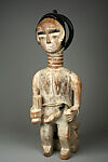 Mother and child figure, Akan artist, Wood, kaolin, black pigment, beads, string, Akan peoples