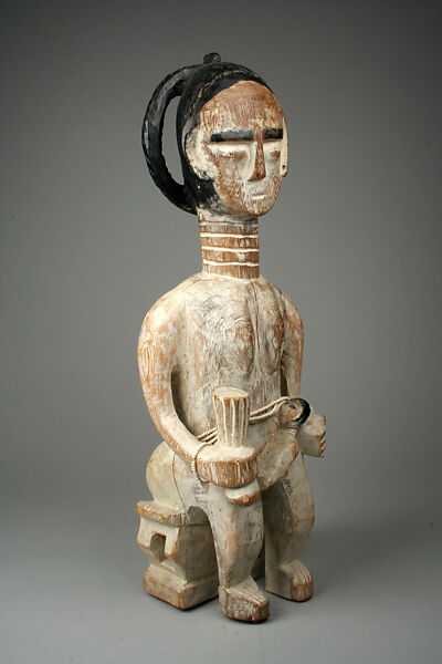 Figure: Mother and Child, Wood, kaolin, black pigment, beads, string, Akan peoples