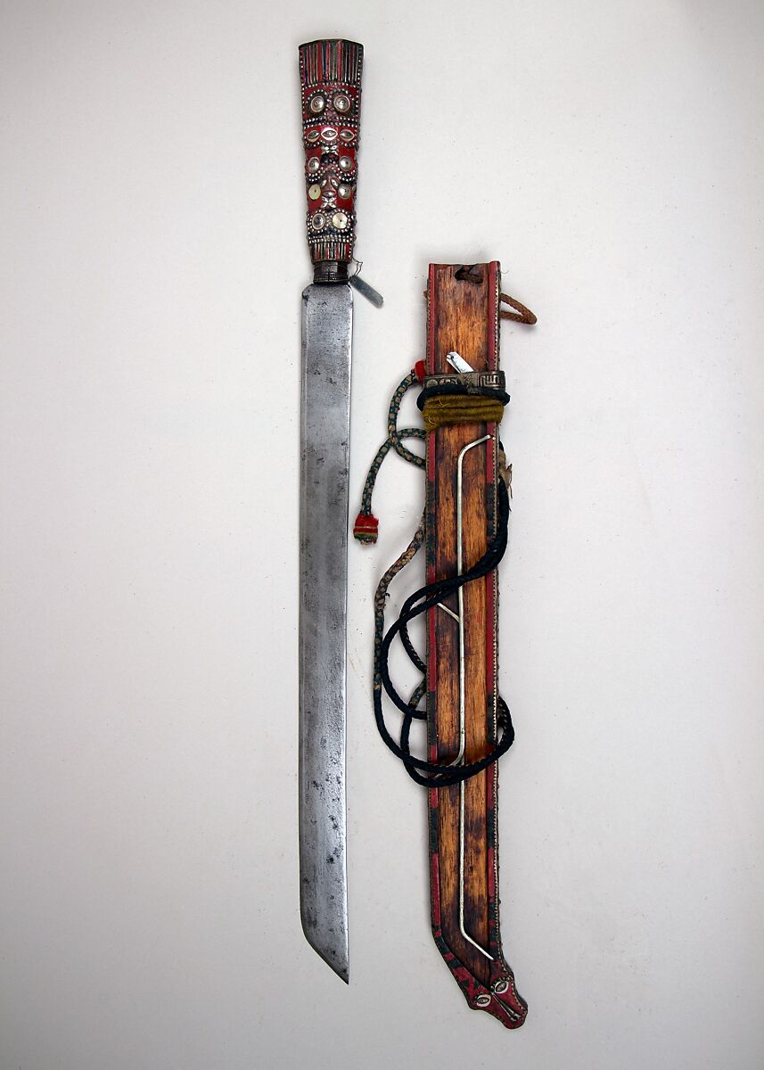 Sword with Scabbard, Steel, wire, wood, brass, cord, lacquer, silver, Taiwanese 