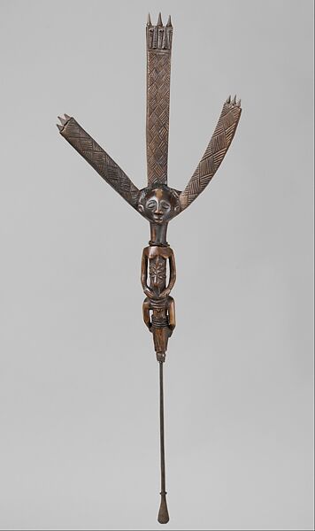 Ceremonial Bowstand: Female Figure, Wood, metal, beads, string, Luba peoples 