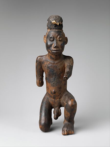 Power Figure (Nkisi): Kneeling Male, Wood, encrustation, cloth traces, organic matter, bone, Kongo peoples 