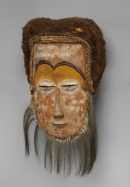 Face mask, Leele artist, Wood, raffia palm fiber, fur, kaolin, pigment, Leele peoples