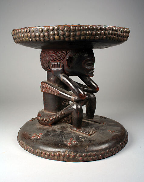 Prestige Stool: Female Caryatid, Wood, metal, brass tacks, and studs, Chokwe peoples