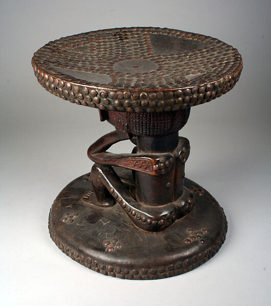Prestige Stool: Female Caryatid, Wood, metal, brass tacks, and studs, Chokwe peoples