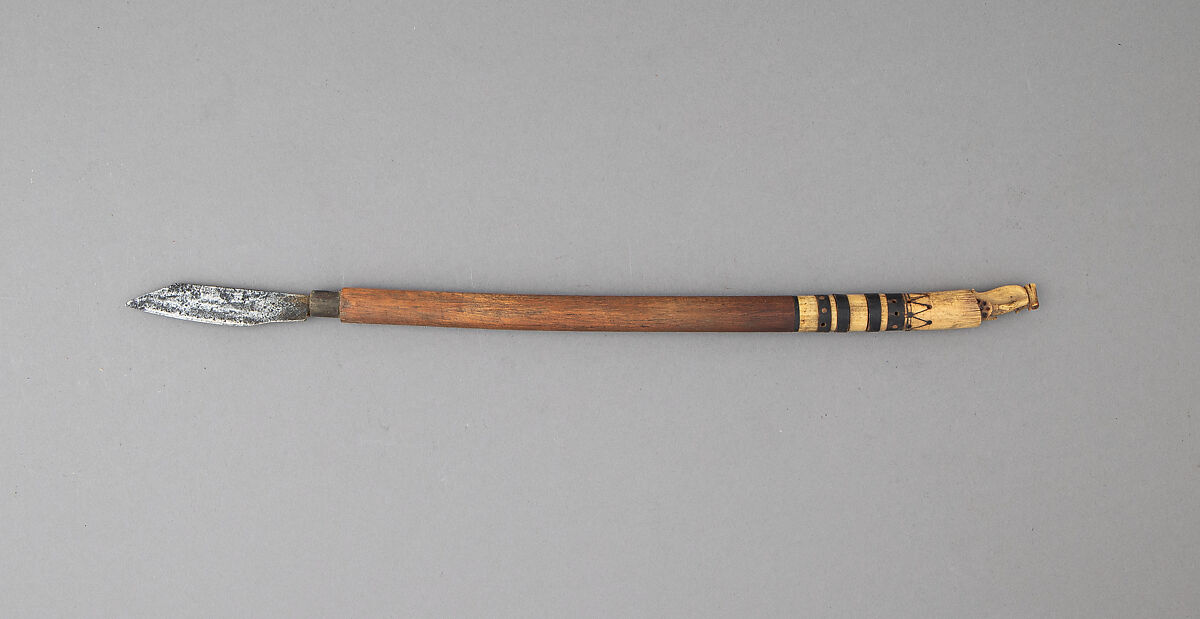 Sword (Mandau) with Scabbard and Small Knife, Horn, cane, rattan, beads, Dyak