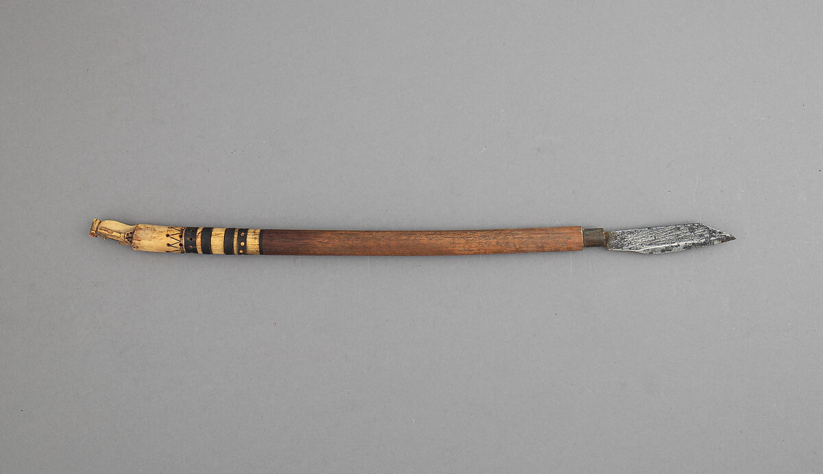 Sword (Mandau) with Scabbard and Small Knife, Horn, cane, rattan, beads, Dyak