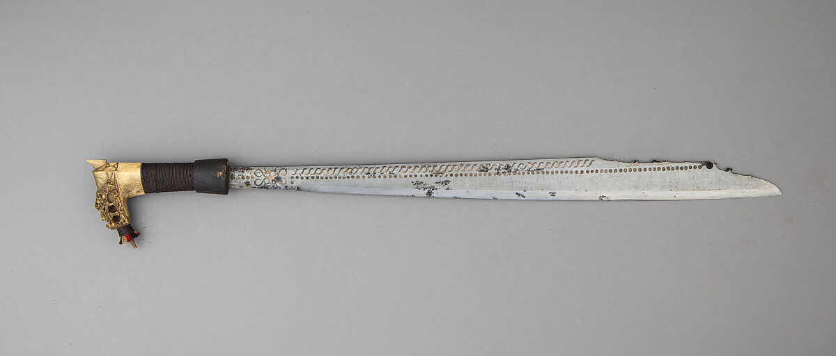 Sword (Mandau) with Scabbard and Small Knife, Horn, cane, rattan, beads, Dyak