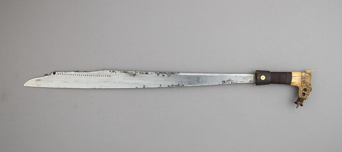 Sword (Mandau) with Scabbard and Small Knife, Horn, cane, rattan, beads, Dyak