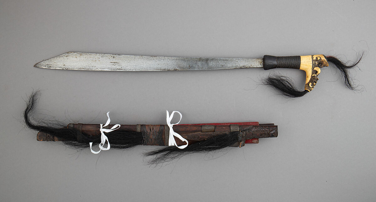 Sword (Mandau) with Scabbard, Tin, bone, hair, rattan, Dyak